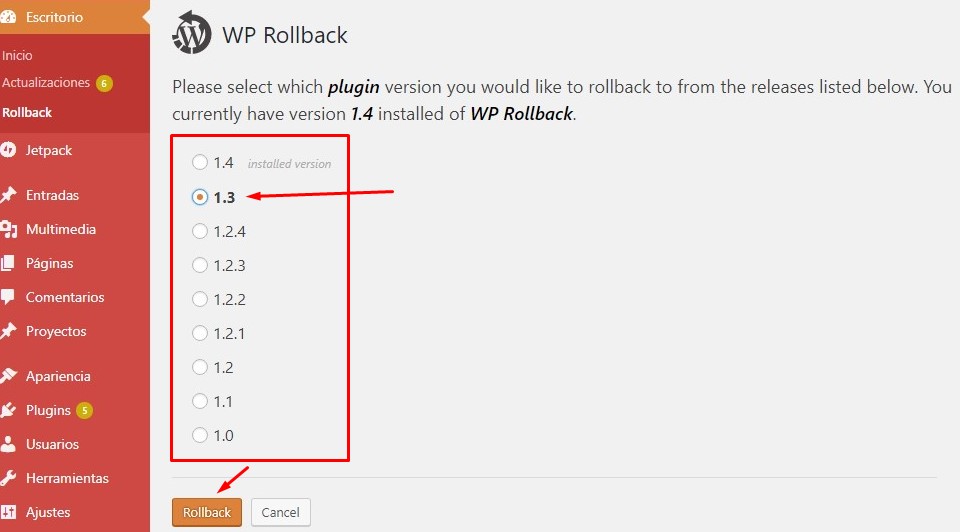 Plugin WP-RollBack para volver a una versión anterior de un plugin