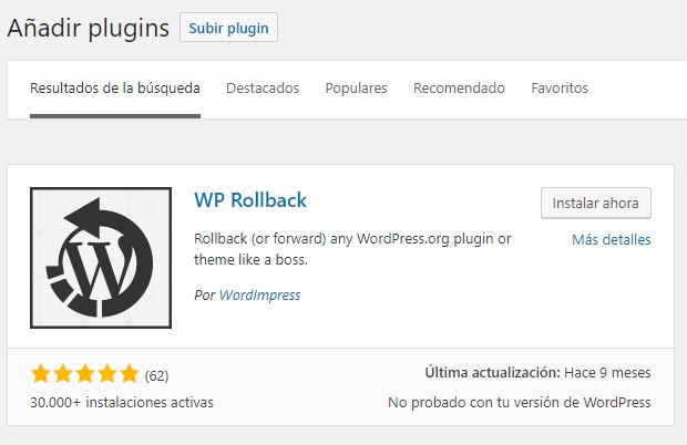 Plugin WP-RollBack para volver a una versión anterior de un plugin